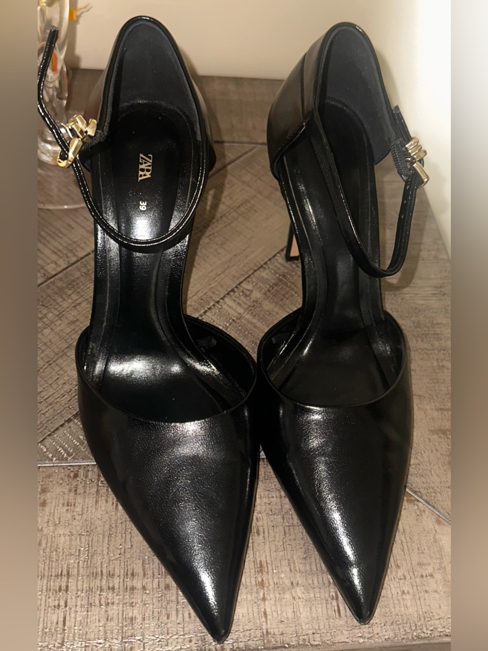 Zara Black Pointed-Toe Ankle-Strap Pumps with Gold Buckle